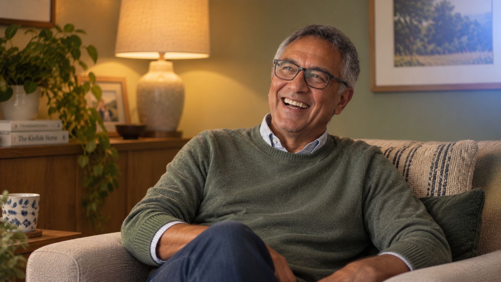 An older man relaxing in an armchair at home in the evening