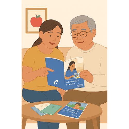 Illustration of a carer going through a booklet with an older man