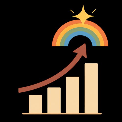 Illustration of a rising bar chart beneath a rainbow and a star