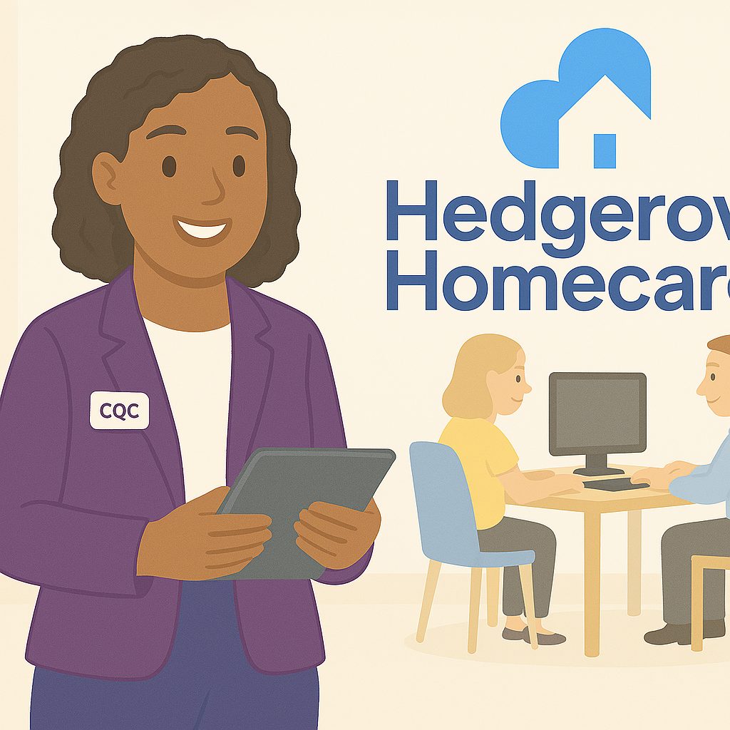 Illustration of a care manager holding a tablet in an office