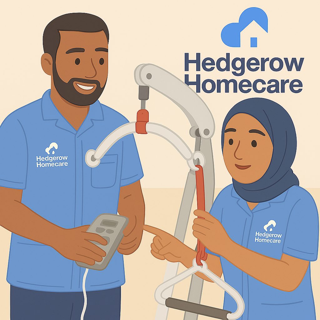 Illustration of two carers practising with a hoist during training