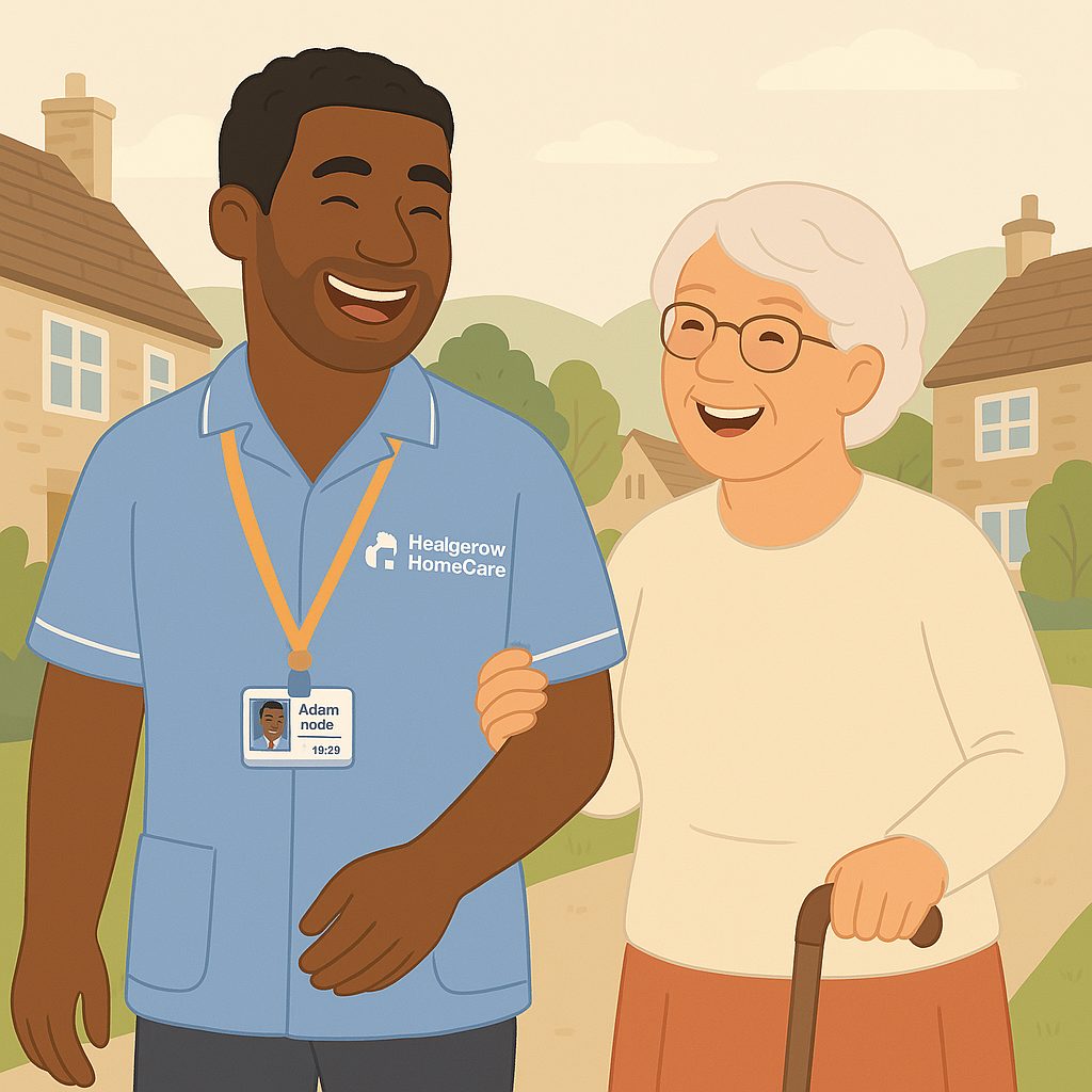 Illustration of a carer walking arm in arm with an older woman
