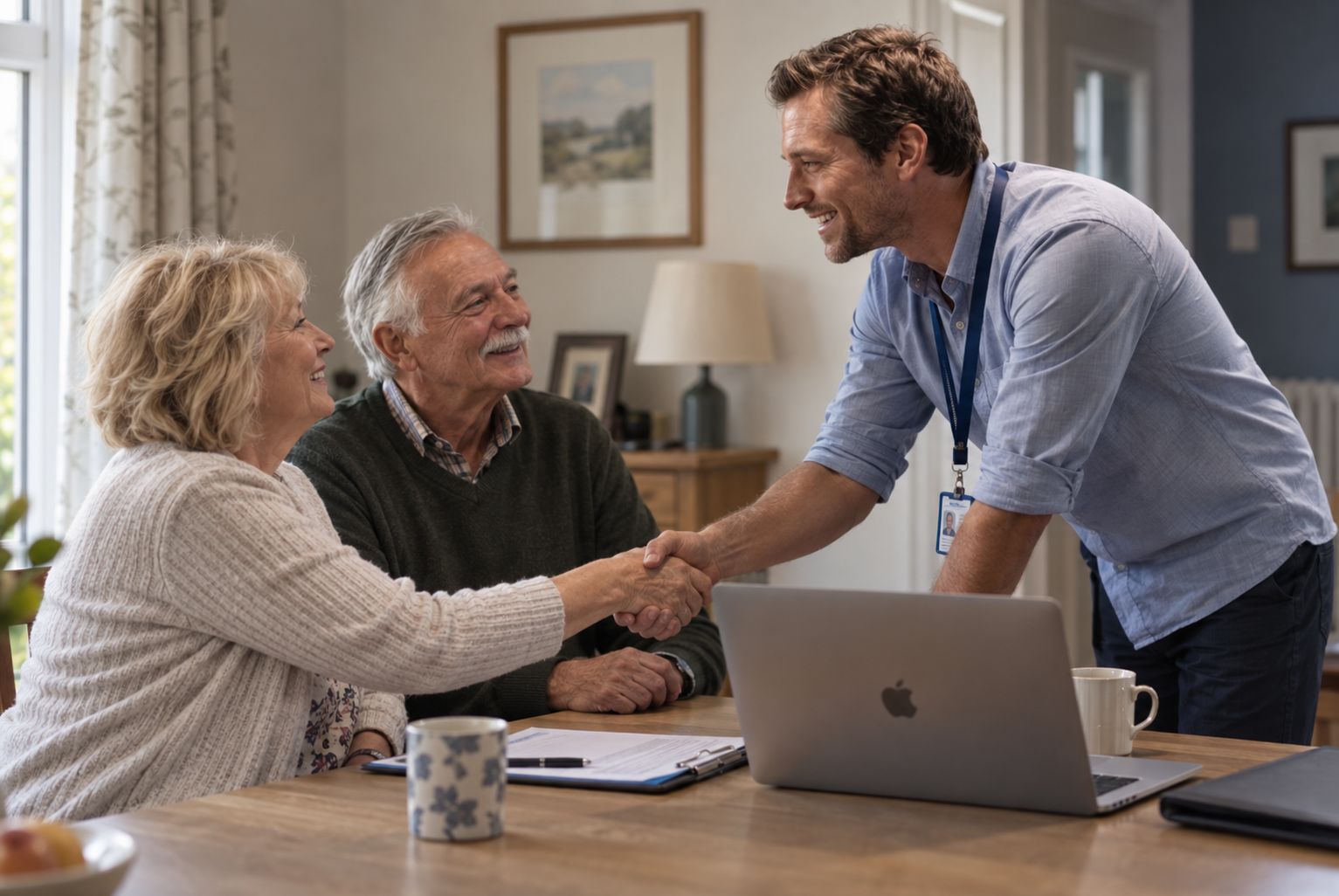 A care manager greeting an older client during a home care assessment