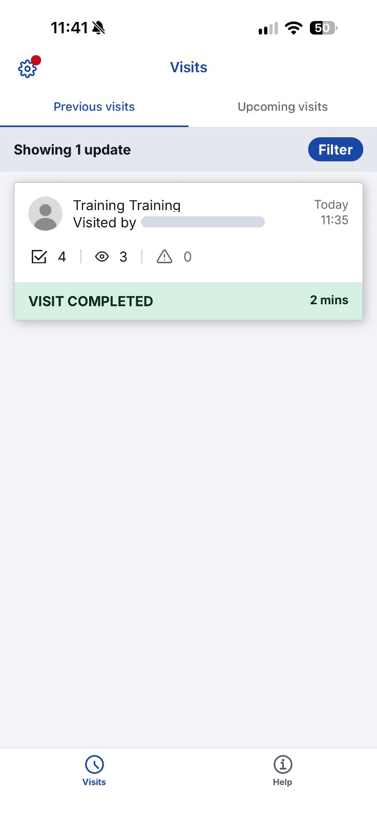 Birdie Care Circle app, Visits screen. Tabs for previous and upcoming visits. One visit card shows who visited (name hidden), today at 11:35, four tasks, three observations, no concerns, and a green Visit completed bar showing 2 minutes.