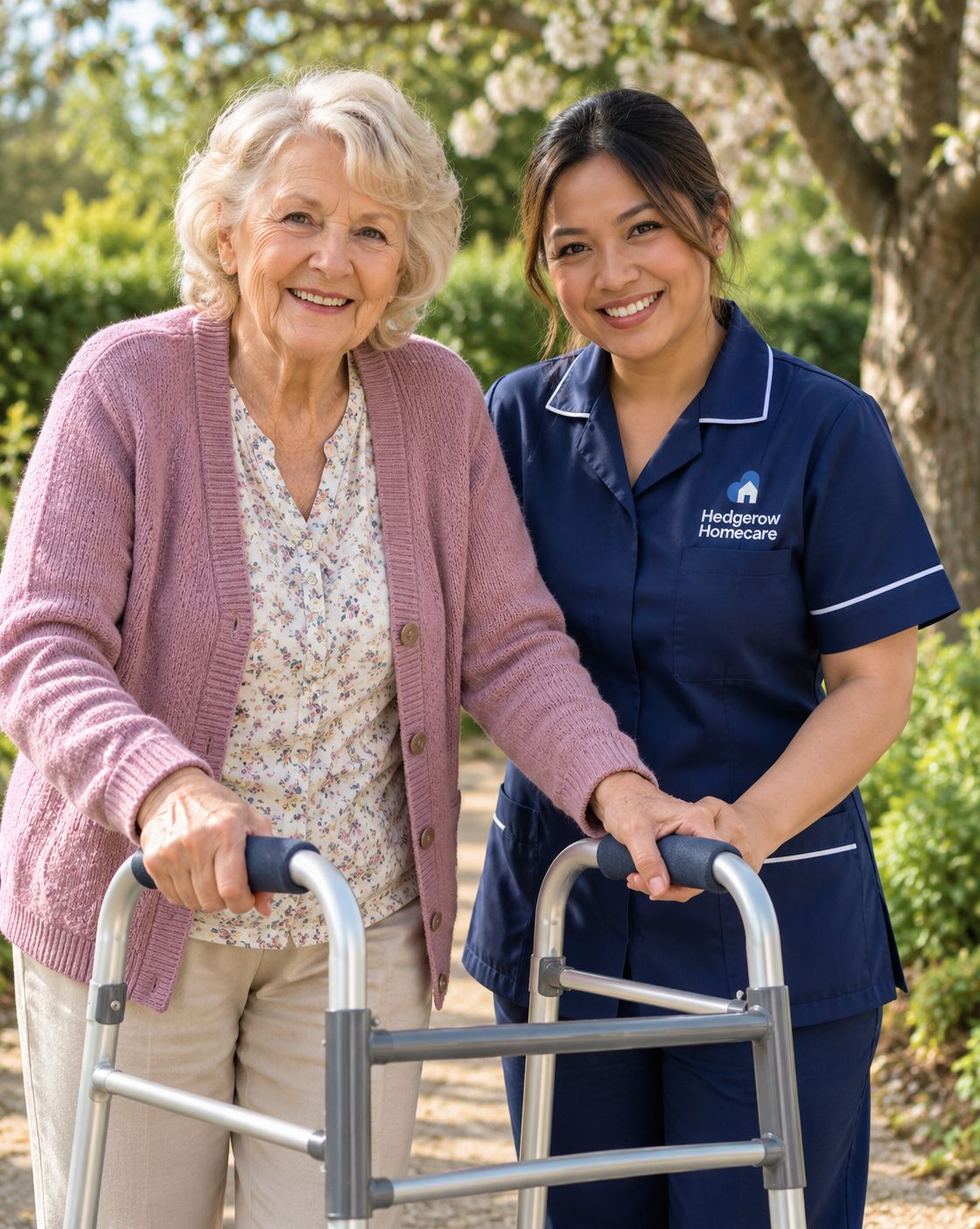 A carer walking alongside an older woman with a walking frame in a garden