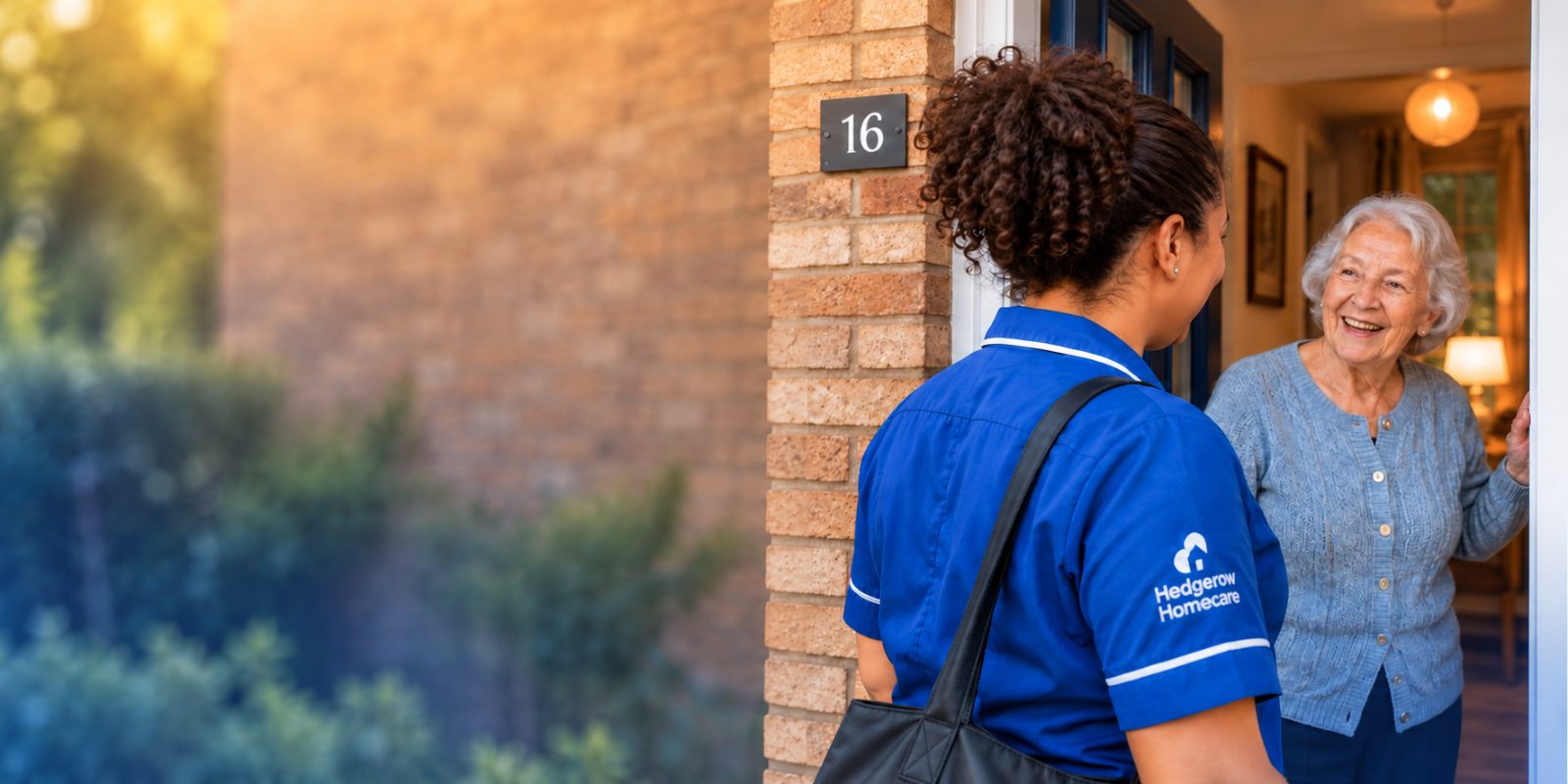 A carer in a blue uniform greeting a smiling older woman at her front door