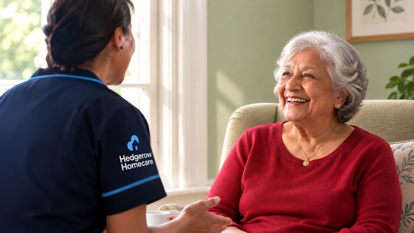 A carer chatting with a smiling older woman in her armchair