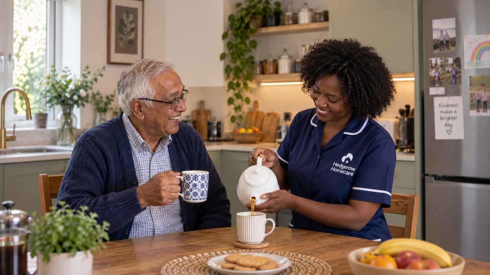 A carer pouring tea for an older man at his kitchen table