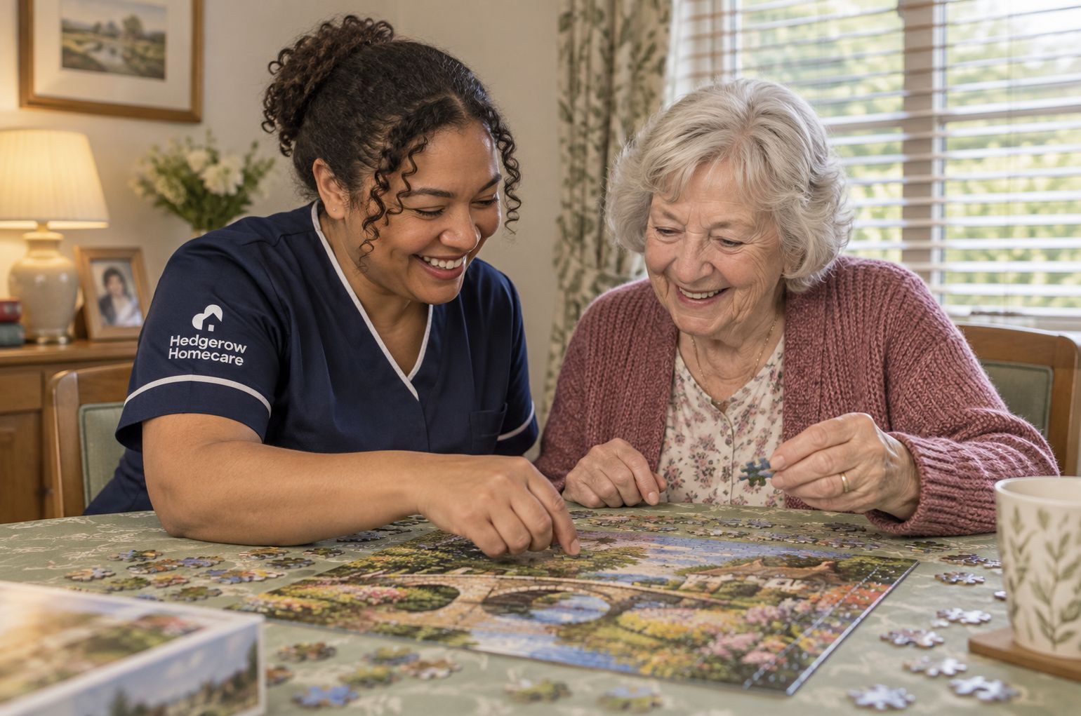 A carer and an older woman laughing over a jigsaw puzzle