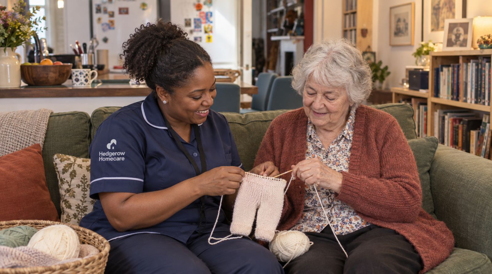 A carer and an older woman knitting together on a sofa