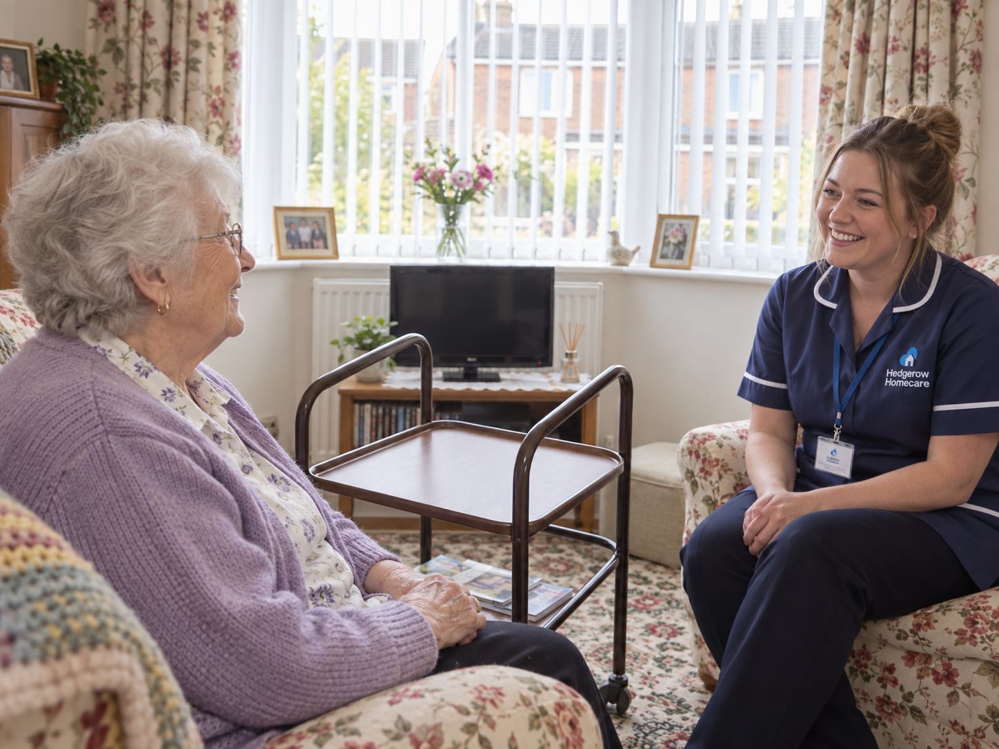 A carer chatting with an older woman in her living room
