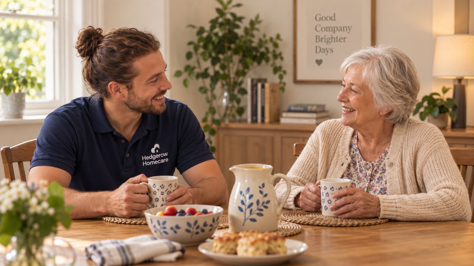 An older woman sharing tea and conversation with a younger man at her kitchen table