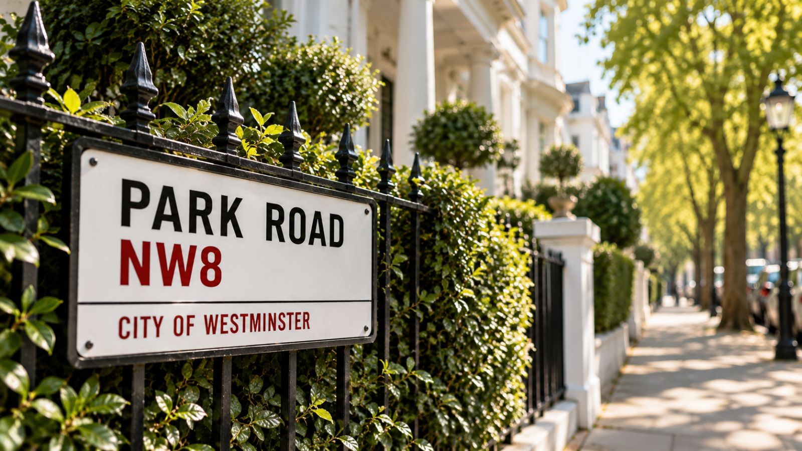 Park Road NW8 street sign beside a hedge on a sunny residential street