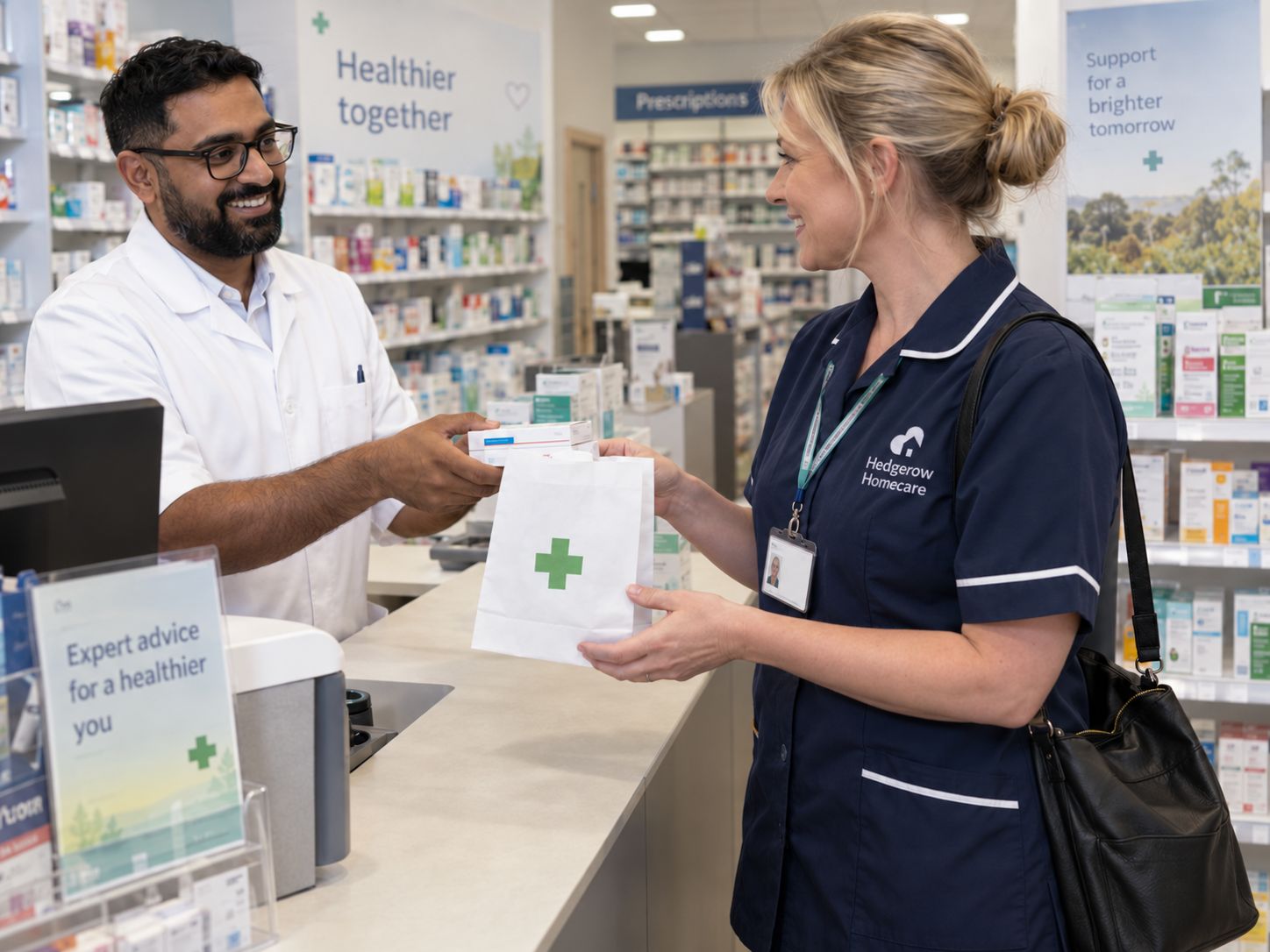 A carer collecting a prescription at a pharmacy counter